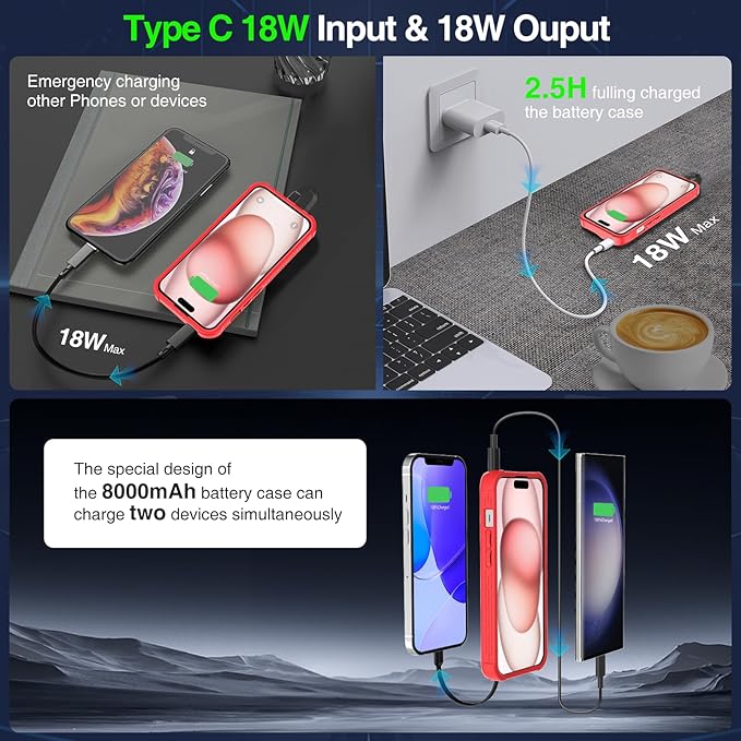 GIN FOXI Fast Charging Battery Case for iPhone 15 Pro Max/15 Plus, 8000mAh 15W Ultra Slim Charger Case Rechargeable Portable Extended Power Bank Case Cover Battery Pack Built-in Cable, Red(6.7”)