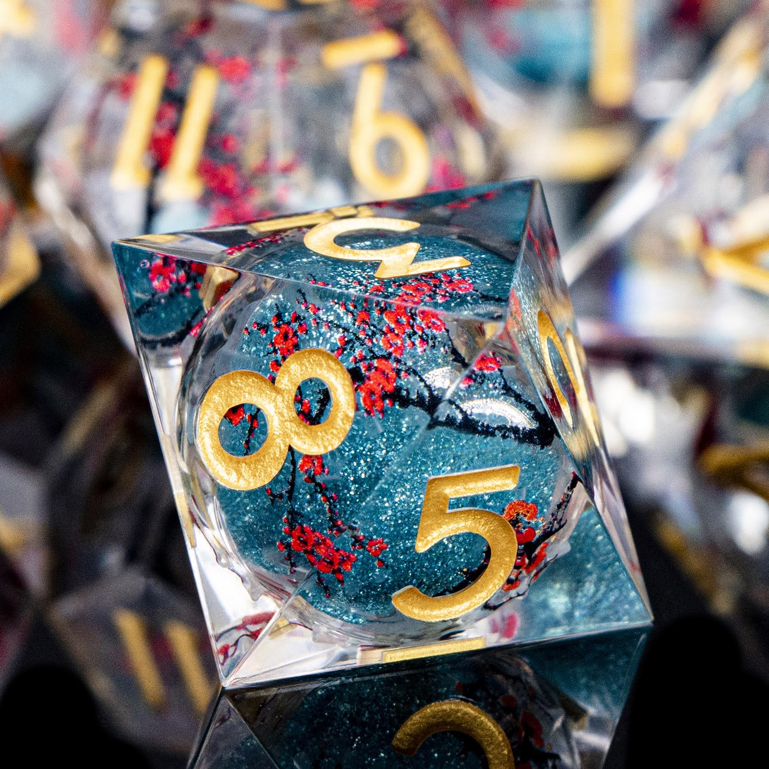 ORIFANTOU Plum Blossom DND Dice Blue Liquid Core Dice Set with Metal Box, Handmade Sharp Edge Dice D and D Polyhedral Dice for use with D&D RPG Role Playing Game