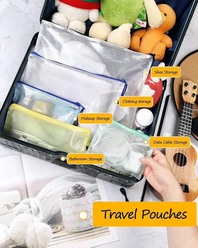 SUNEE Mesh Zipper Pouch 11x16 in (10 Colors, 30 Packs), Large Mesh Zipper Pouch Bags for School Office Supplies, Puzzles & Games, Travel Accessories, Waterproof Zipper Pouches for Organizing