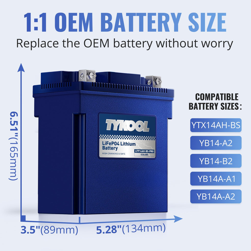 TYKOOL LFP14AH-BS-PRO Lithium Battery, Replaces YTX14AH YTX14AH-BS, 480CCA 8Ah Fits for ATV UTV Motorcycle, Compatible with Polaris Sportsman 570 Ranger 500 Kawasaki Mule SX, Digital Readout [+ -]