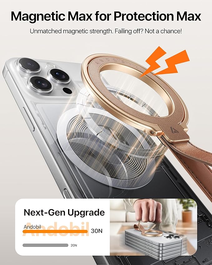 andobil[2025 Premium Leather]Magnetic Phone Grip for MagSafe[Unrivaled Stability]Adjustable Phone Ring Kickstand with Leather Loop Compatible with MagSafe Accessories&iPhone 16 Pro Max/15/14/13,Brown