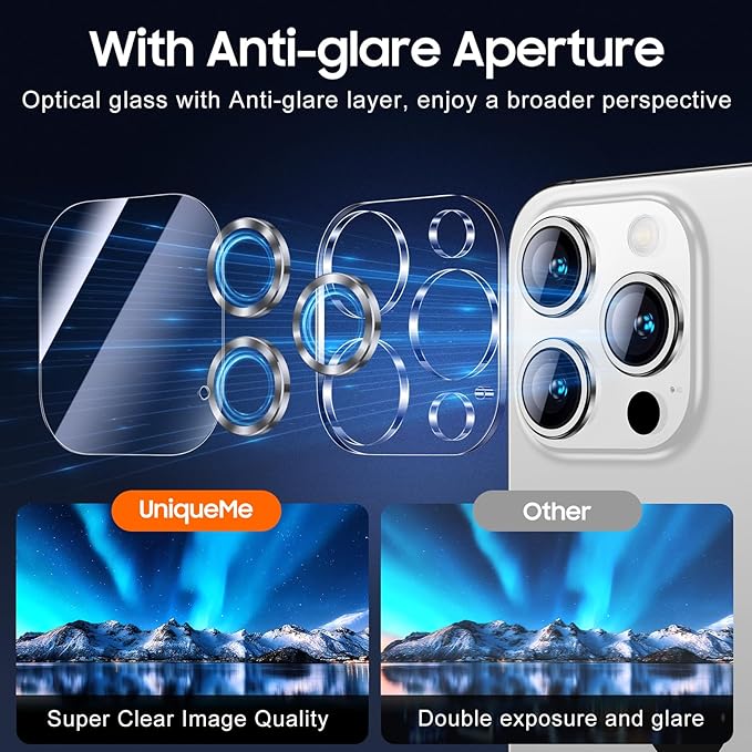 UniqueMe Compatible for 3 Pack iPhone 15 Pro/iPhone 15 Pro Max Camera Lens Protector, [Drop Protection] [Case Friendly] 9H Tempered Glass Camera Cover Screen [2023 New Version] - Silver