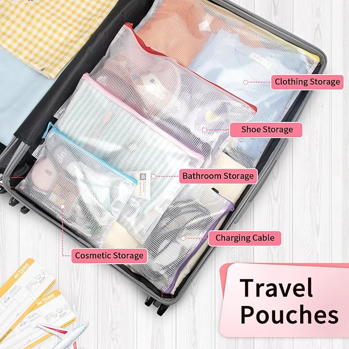 Umriox Zipper Bags, 6 Assorted Size (Black, 12 Packs), Project Bags for Cross Stitch, Mesh Zipper Pouch for Office Supplies Travel Accessories and Board Games Storage