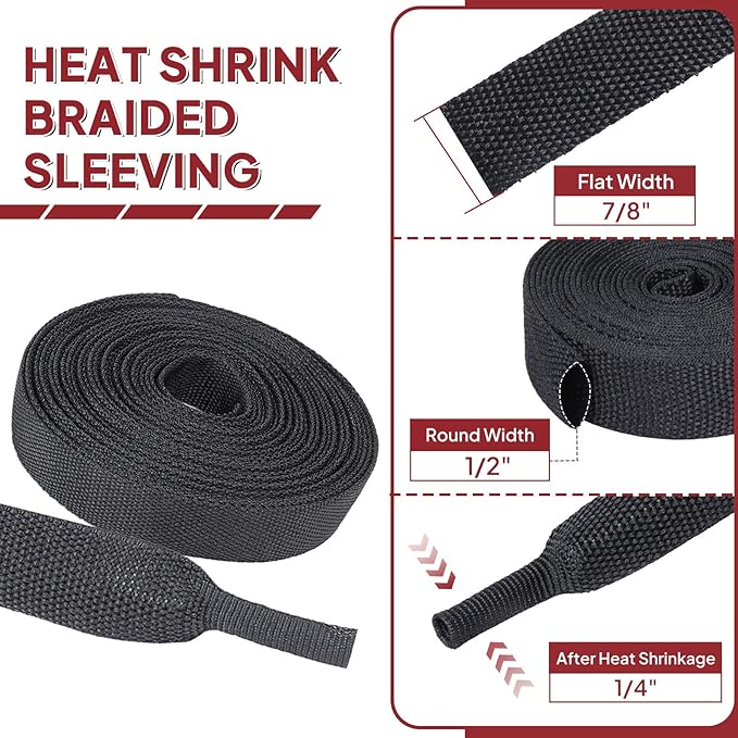 Braided Sleeving 2:1 Shrinkable Fabric Heat Shrink Tubing- Abrasion Protection Flexibility Wiring Harness Cable Sheath (1/2" ID, 30ft)