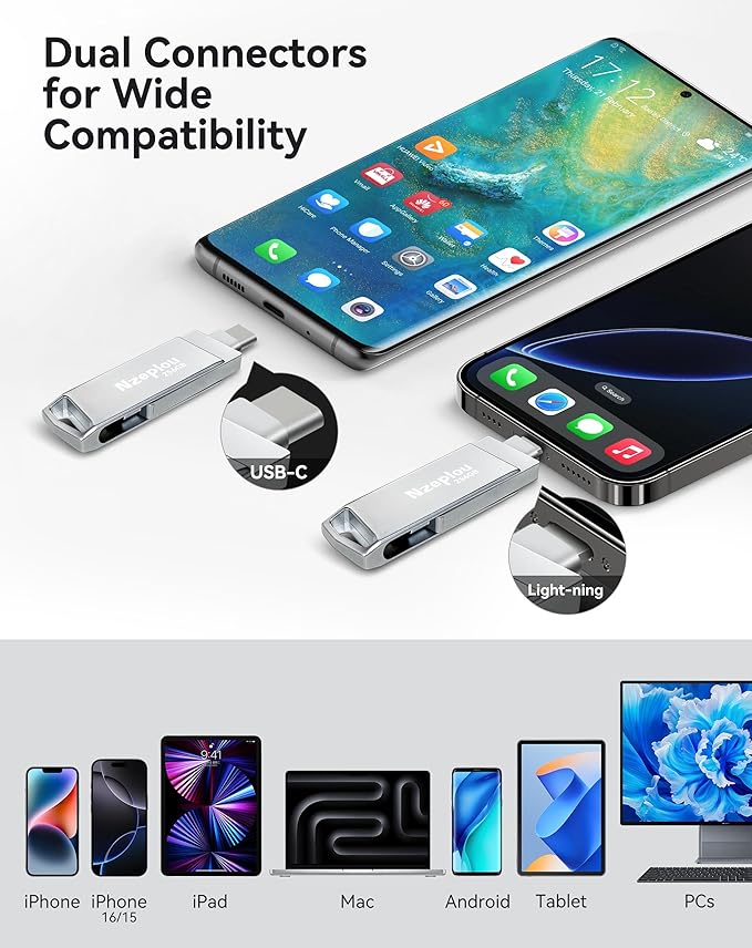 256GB Flash Drive for iPhone iPad, USB3.0 High-Speed Memory Stick No App Needed, Lightening & USB-C External Memory Storage for Photos Videos, Picture Backup Thumb Drive Plug & Play (Silver)