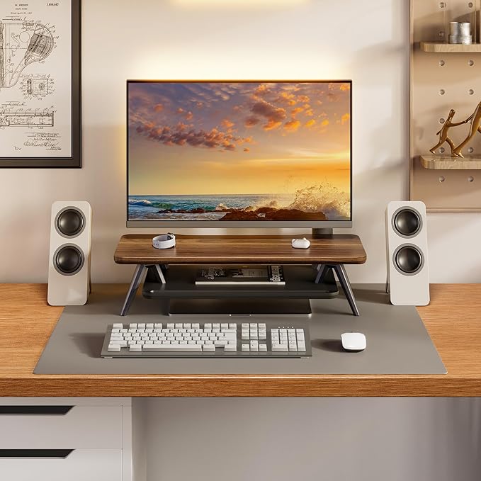 Fenge Monitor Stand Riser, Wooden Desk Shelf with 2-Tier Storage