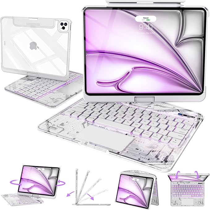 Intermerge Clear Keyboard Case for iPad Air 11" (M3/M2, 2025/2024), Air 5th/4th, Pro 11" 2022-2018, 360° Swivel Multi-Touch Trackpad, 7-Color Backlit, Pencil Holder, Type-C, Frost Pulse
