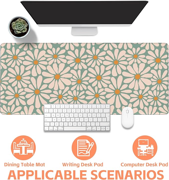 Mouse Pad Large Boho with Daisy Flowers Non-Slip Gaming Desk Mat with Stitched Edge Laptop Keyboard Desk Pad for Work Home Gaming (35.4 x 15.7 Inches)