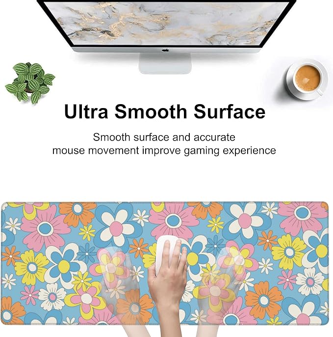 Colorful Retro Flowers Desk Mat,Large Cute Floral Gaming Keyboard Mouse Pad,Non-Slip Rubber Base Desk Pad Thick Stitched Edges Waterproof Mousepad Mouse Mat 31.5"x11.8"