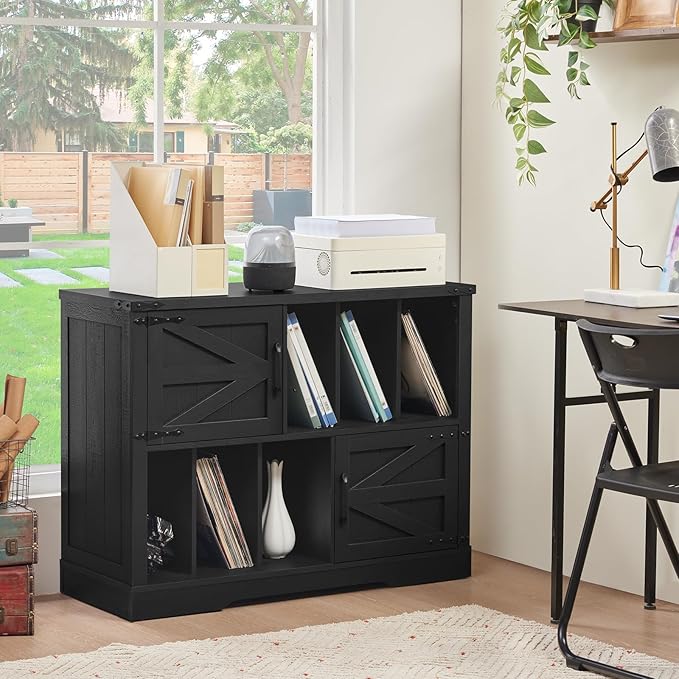 Large Record Player Stand with Vinyl Storage Up to 450 Albums, 39 Inch Farmhouse Wood Black Vinyl Records Storage Cabinet with Barn Doors, Mid-Century Modern Turntable Stand for Living Room