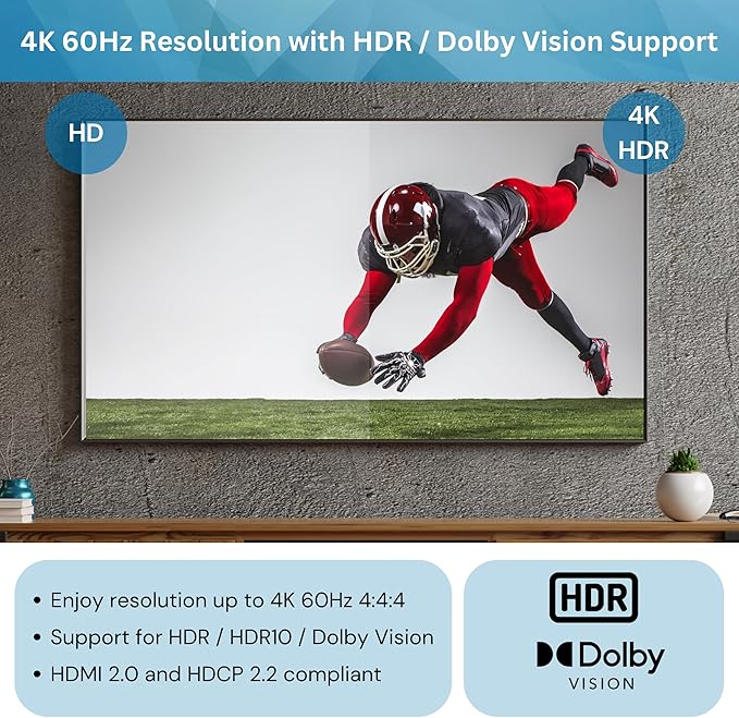 J-Tech Digital HDMI Splitter 4K 60Hz 1X4 Multi-Resolution Output (MRO) HDMI 2.0 Splitter Supports downscale HDR HDR10 / Dolby Vision 4K@60Hz 4:4:4 HDCP2.3 2.2 (JTECH-4KSP4)