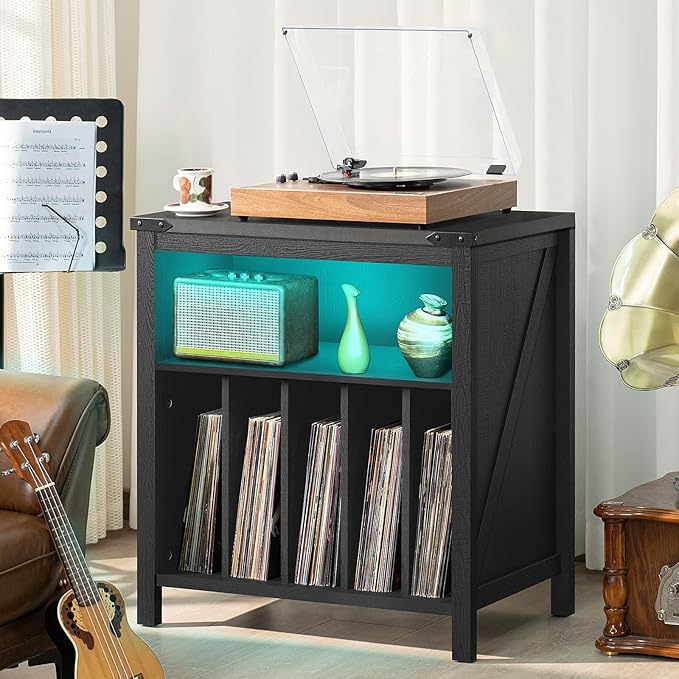 Large Record Player Stand with Charging Station & LED Lights, Vinyl Records Storage Holder Cabinet Holds up to 230 Albums, Turntable Stand for Music Room, Bedroom, Living Room, Office (Black)