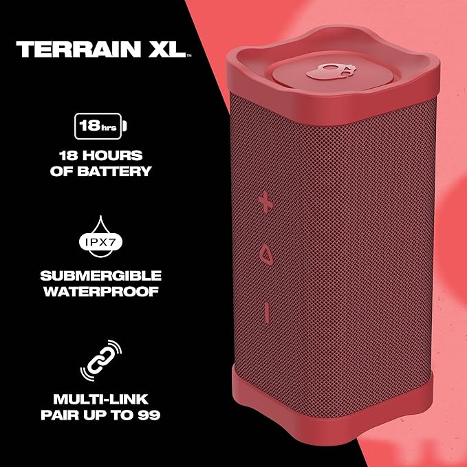Skullcandy Terrain XL Wireless Bluetooth Speaker - IPX7 Waterproof Portable Speaker, 18 Hour Battery, Nylon Wrist Wrap, True Wireless Stereo (Red)