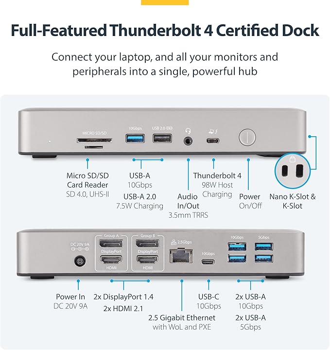 StarTech Thunderbolt 4 Dock, Quad 4K Win, Dual 4K Mac, 16-Port 40Gbps, 100W