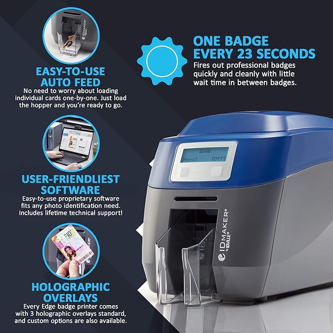 ID Maker Card Edge 2 Sided Printer Machine & Supply Kit for Badge Printing - Print Professional Quality Identification Badges - IDMaker Software, 200-Print Color Ribbon, 100 PVC Cards