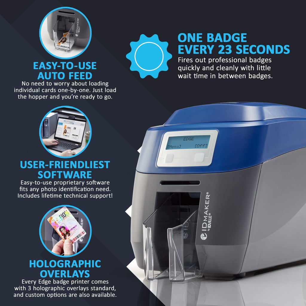 ID Maker Card Edge 2 Sided Printer Machine & Supply Kit for Badge Printing - Print Professional Quality Identification Badges - IDMaker Software, 200-Print Color Ribbon, 100 PVC Cards