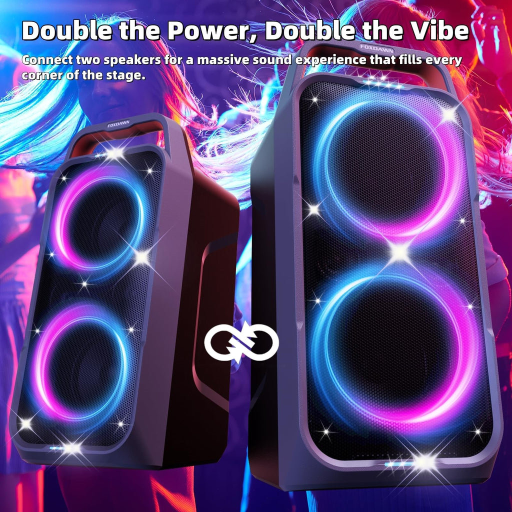 Foxdawn Party Bluetooth Speaker: 240W Peak Loud Sound, Deep Bass, 15H Playtime, Fast Charge, IPX4 Waterproof, TWS, Led Light Show, Large Portable Wireless Speakers for Outdoor, Camping, Backyard, Home