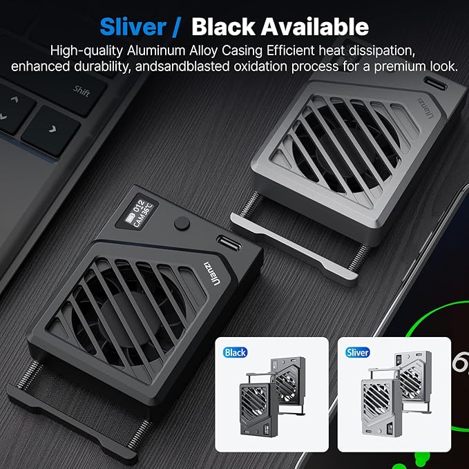 ULANZI Camera Cooling Fan Black New, Spring Telescopic Mounting Adjustable Mini Intelligent Cooling Fan Real-time Monitoring with Type-C Charging Port, Compatible with Sony Canon FUJIFILM Nikon
