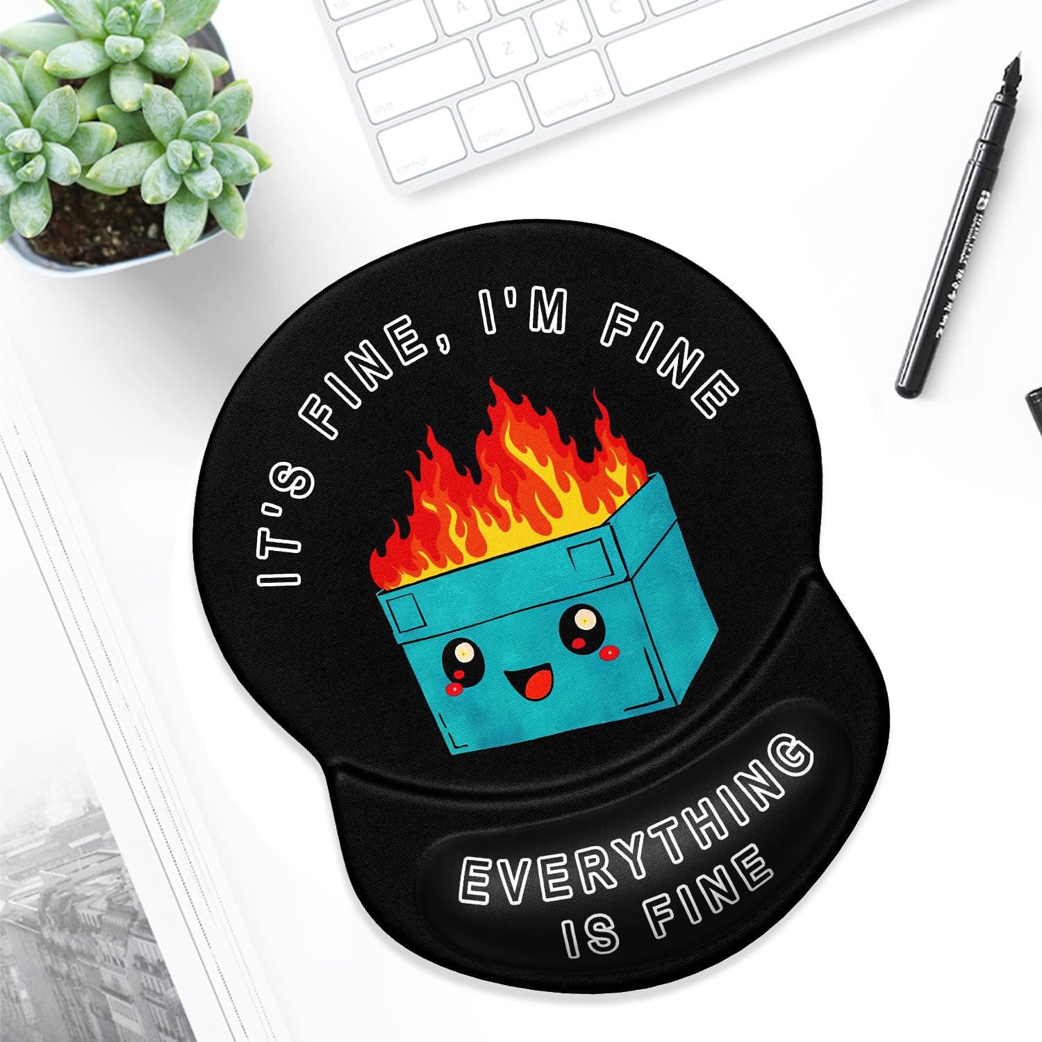 ITNRSIIET Ergonomic Mouse Pad with Gel Wrist Support Small Wrist Rest Smooth Surface Non-Slip PU Base Comfortable Office Supplies Pain Relief, 8.7 x 7.2 inches, Cute Dumpster