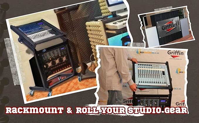 GRIFFIN 19U Rack Mount Rolling Stand (StudioZ PROSteel Series) & Adjustable Mixer Platform Rails – Cart Holder for Audio Music Recording Cabinet – Stage Equipment DJ Gear Storage Case for Amplifier