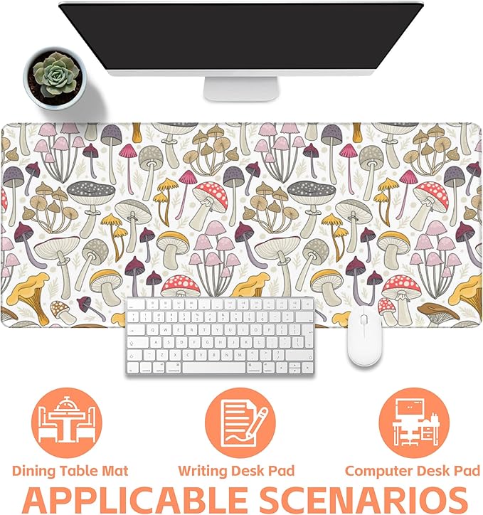 Mouse Pad Large Colorful Mushrooms Non-Slip Gaming Desk Mat with Stitched Edge Laptop Keyboard Desk Pad for Work Home Gaming (35.4 x 15.7 Inches)