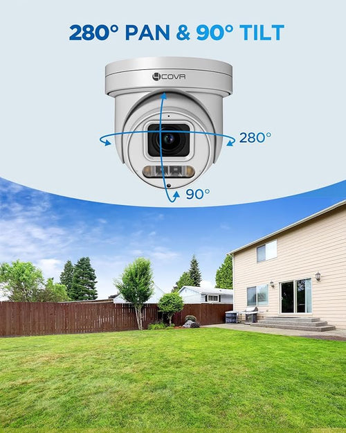 4COVR PoE PTZ Security Camera System, 4X 5MP PoE IP PTZ Camera Two Way Audio, 280ｰ Pan 90ｰ Tilt 5X Optical Zoom, Smart Color Night Vision, Human Vehicle Detection, 8CH 4K NVR 2TB HDD, LY5XCP5M0804