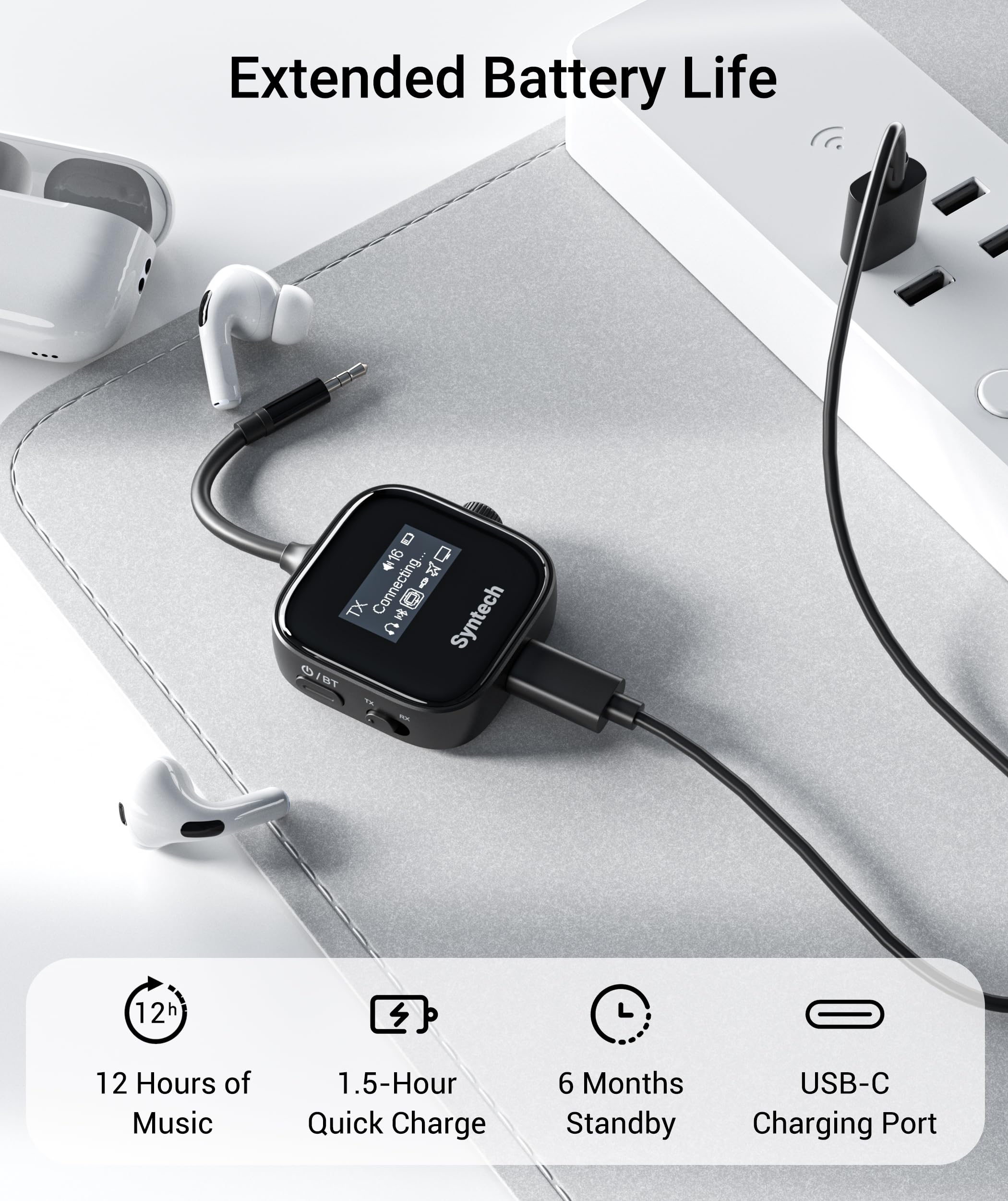 Syntech Airplane Bluetooth Transmitter Receiver 5.4 Adapter for 2 AirPods or Wireless Headphones, HD Display Low Latency 3.5mm AUX Jack Bluetooth Audio Adapter for Flying, TV, Car, Gym, Home Stereo
