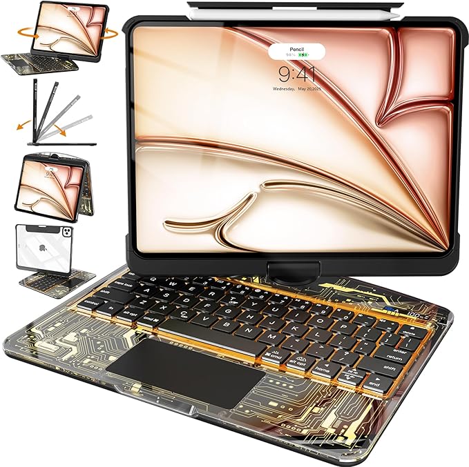 Intermerge Clear Keyboard Case for iPad Air 13" (M3/M2, 2025/2024) & Pro 12.9" (2022-2018) - 360° Rotatable Trackpad, RGB Backlit Keyboard, Pencil Holder, Power Indicator, Type-C, Shadow Pulse