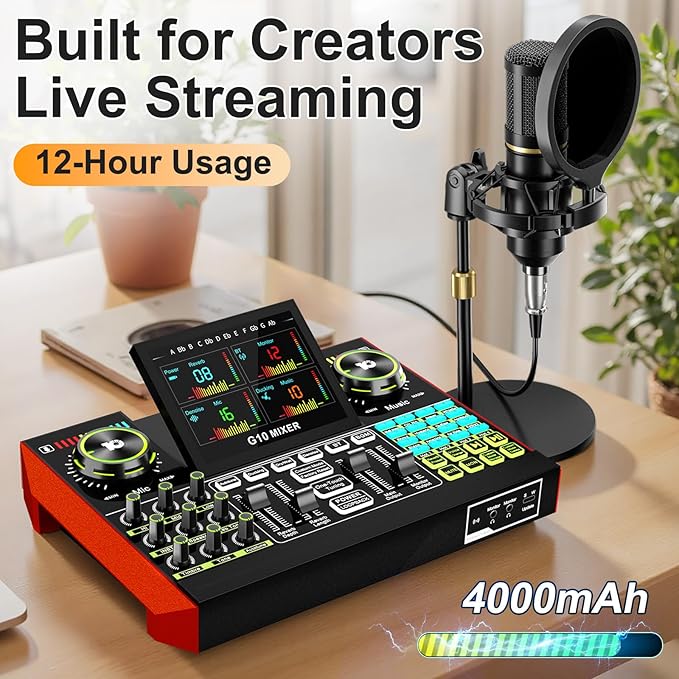 Podcast microphone bundle, live sound card, streaming audio mixer, podcast equipment bundle for PC/mobile live streaming, singing, gaming, soundboard with voice changer and noise reduction function