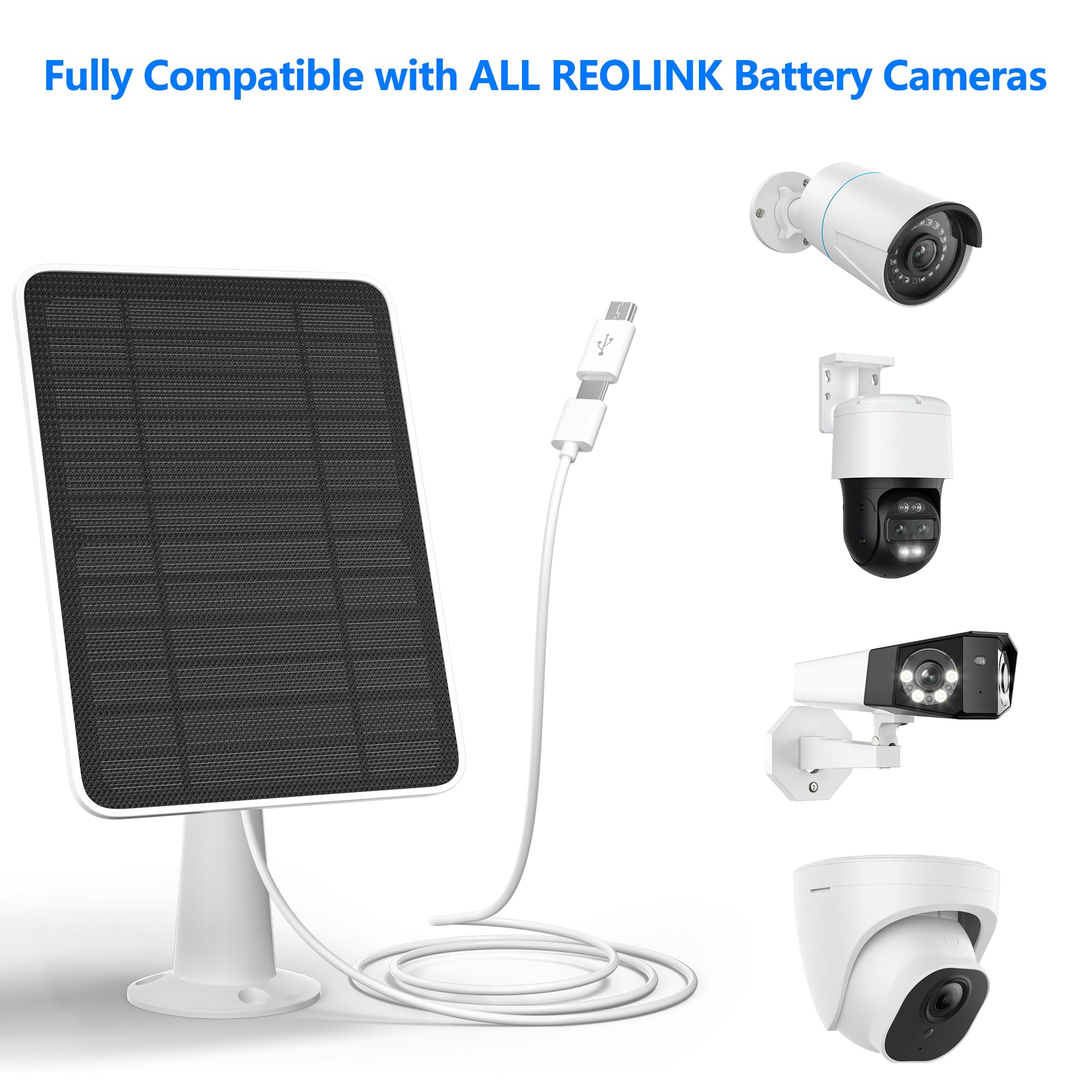 Solar Panel Charger Compatible with Reolink Argus 2E/Eco Ultra/Go PT Plus/Go Plus/Argus 3 Pro/Argus PT, 5W Solar Panels for Reolink Battery Camera, IP65 Waterproof 10ft Cable Secure Wall Mount, 2 Pack