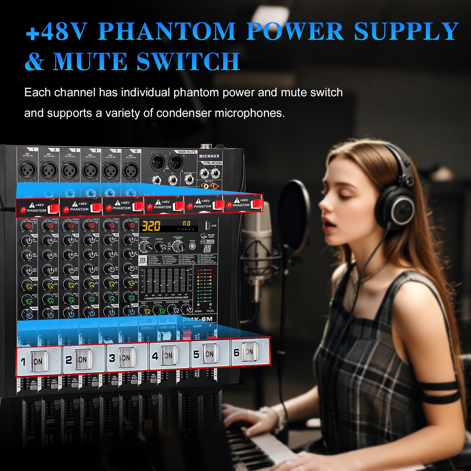 MICNAUX Audio Mixer 6 Channel Professional Mixer Console with 320 DSP Effects, 7-band EQ Sound Mixing Board Digital DJ Mixer w/USB Bluetooth MP3 for Recording, Independent 48V Power & Mute Button