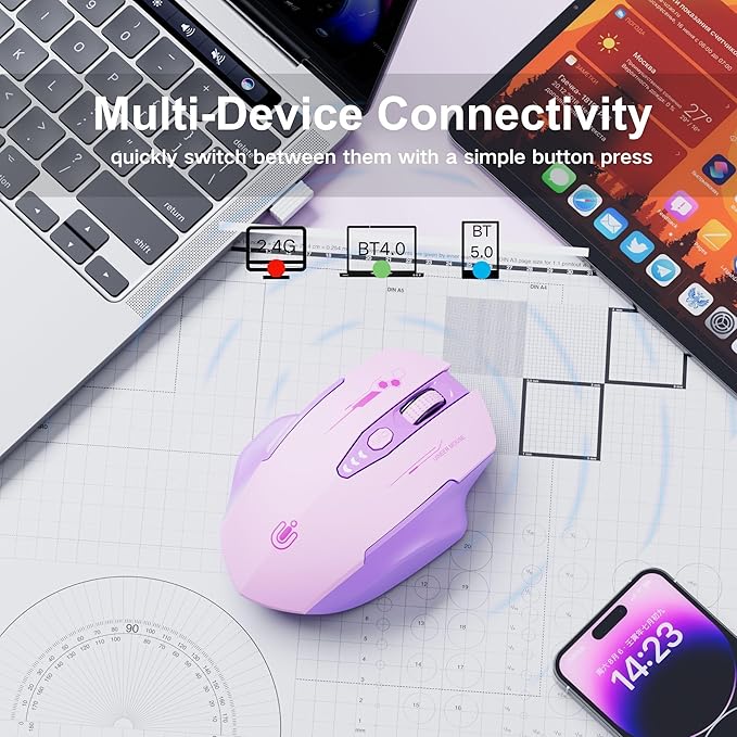 Bluetooth Mouse,[Upgraded] Multi-Device Wireless Mouse,Visible Battery Level,Tri-Mode (BT 5.0/4.0+2.4G Hz) Rechargeable Ergonomic Mouse, 4 Adjustable DPI,Coldless Mouse for Laptop and PC,Purple