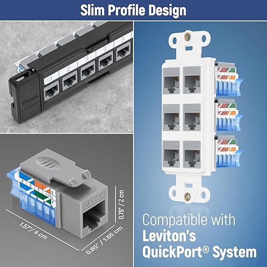 Everest 45° Angled RJ45 Cat5e Keystone Jacks 50-Pack in Gray - Slim Profile Female RJ45 Connectors - Cat 5e Keystone Jack - Compatible with 45° Angled Speed Termination Tool - 45Term (B0BL3GS7ZY)
