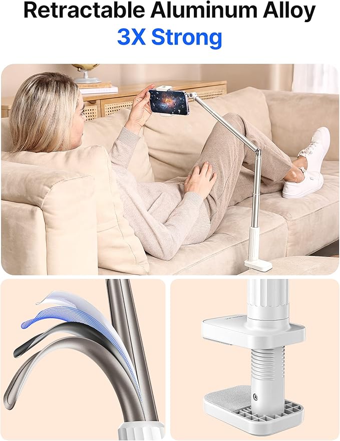 JSAUX Phone Holder for Desk and Bed Compatible with iPhone 16 15 14 13 12 Overhead Phone Mount Gooseneck Phone Stand Flexible 360 Lazy Long Arm Clamp Clip for Table Bedside [1-Pack, White]