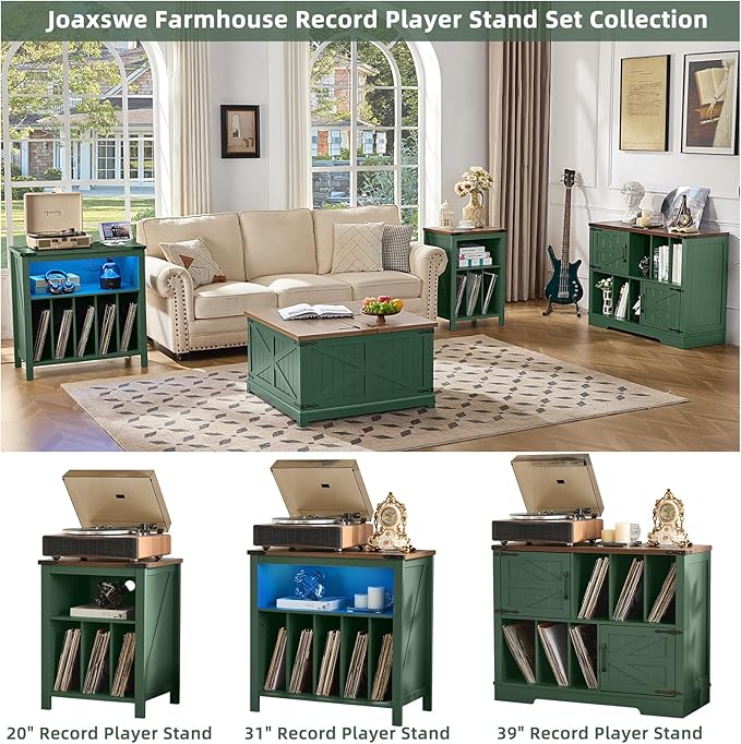 Large Record Player Stand with Vinyl Storage Up to 450 Albums, 39 Inch Farmhouse Wood Green Vinyl Records Storage Cabinet with Barn Doors, Mid-Century Accent Turntable Stand for Living Room