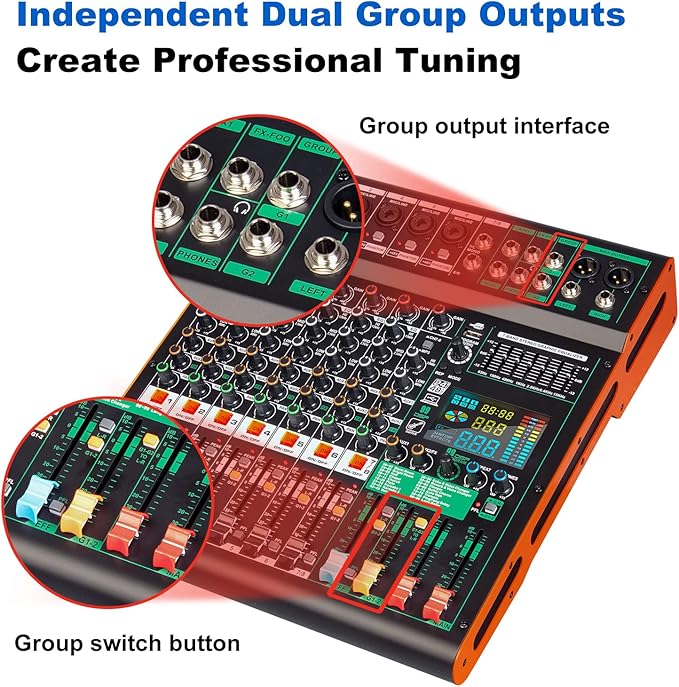 Depusheng TG8 professional dj audio mixer 8 channel input and dual group output with 99-bit dps reverb chip bluetooth usb recording and mp3 playback suitable for stage, bar, recording studio
