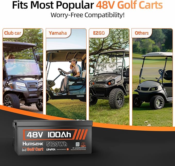 48V 100Ah Lithium Battery for Golf Cart with 15A Charger, Built-in Bluetooth 5.0 & 200A BMS,15000+ Deep Cycle LiFePO4 Battery with Low-Temp Protection for Golf Cart ﻿ Group 8D