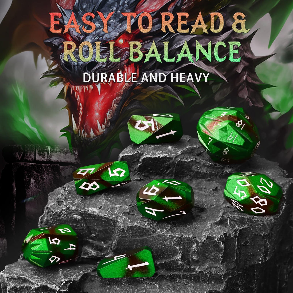 FONVGOGO Metal DND Dice for Dungeons and Dragon, Metal Dice Set D and D with Cardboard Box Unique Cool RPG Polyhedral Dice for Role Playing Tabletop Games Gifts (Black Green)
