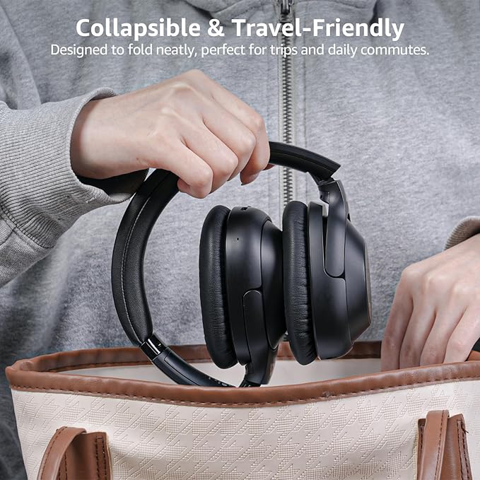Riibox Y7Pro Hybrid Active Noise Cancelling Headphones, LDAC Hi-Res Audio, 75H Playtime, Deep Bass, Comfort Fit & Foldable Wireless Over-Ear Bluetooth Headphones for Home Office Travel – Black