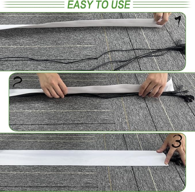 Floor Cable Covers - 20ft Oxford Fabric Cord Protector with Adhesive Hook & Loop,Waterproof Wire Storage Sleeve for Any Floor Surface,Durable Cable Management to Prevent Tripping Hazards (White, 20ft)