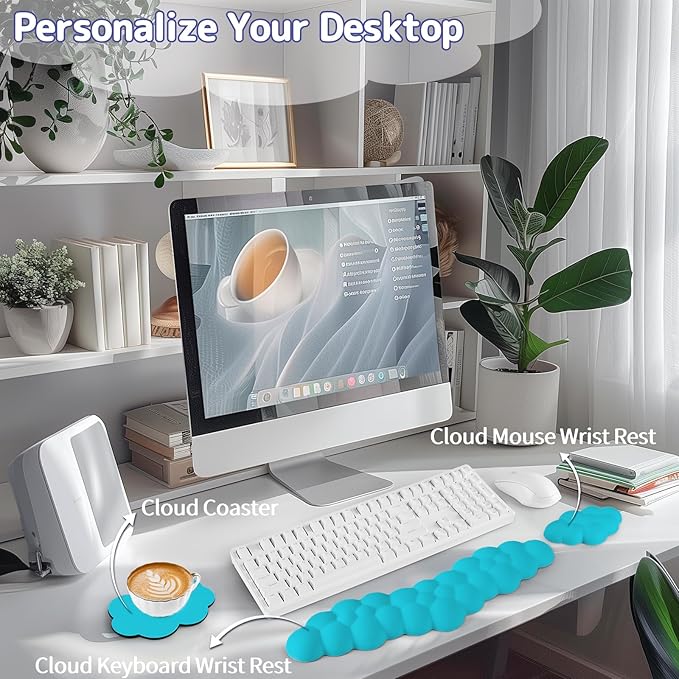 Cloud Wrist Rest for Keyboard and Mouse, Memory Foam PU Leather Keyboard Wrist Rest with Ergonomic Support, Non-Slip Base, Cute Arm Rest Pad & Palm Cushion, Office Desk Accessory, Scuba Blue