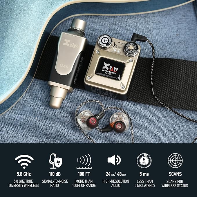 Xvive U45T9 Wireless in Ear Monitor System 5.8ghz with T9 2BA Drivers IEM Earphone, IEM System Transmitter and Bodypack Receiver for Studio, Band Rehearsal, Live Performance, Channel Scan Mode