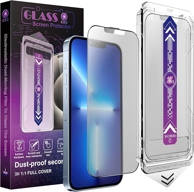 2 Pack Matte Screen Protector for iPhone 13 Pro Max/iPhone 14 Plus, 9H Tempered Glass, Full Coverage, Anti-Fingerprint, Auto Dust-Elimination, No Bubble, Easy Installation