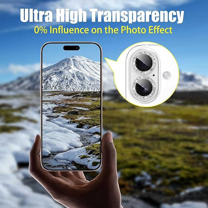 AGVEE 3+3 6 Pack for iPhone 16 6.1" / 16 Plus 6.7" Camera Lens Cover Protector, Bling Glitter & CD-Textured Metal Ring 9H Tempered HD Glass Camera Cover Protector Film, Glitter-Silver