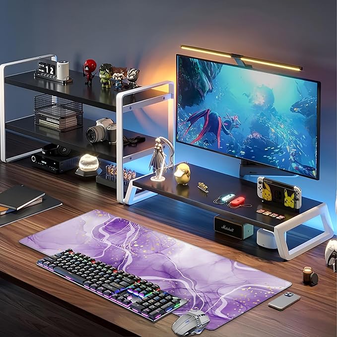 Watercolor Purple Marble Desk Mat,Large Violet Marble Texture Gaming Keyboard Mouse Pad,Non-Slip Rubber Base Desk Pad Thick Stitched Edges Waterproof Mousepad Mouse Mat 31.5"x11.8"