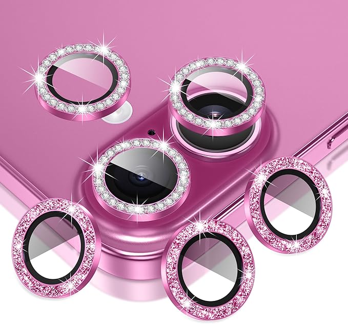 AGVEE 3+3 6 Pack for iPhone 16 6.1" / 16 Plus 6.7" Camera Lens Cover Protector, Bling Diamond & Bling Glitter Metal Ring 9H Tempered HD Glass Camera Cover Protector Film, Bling-Rose