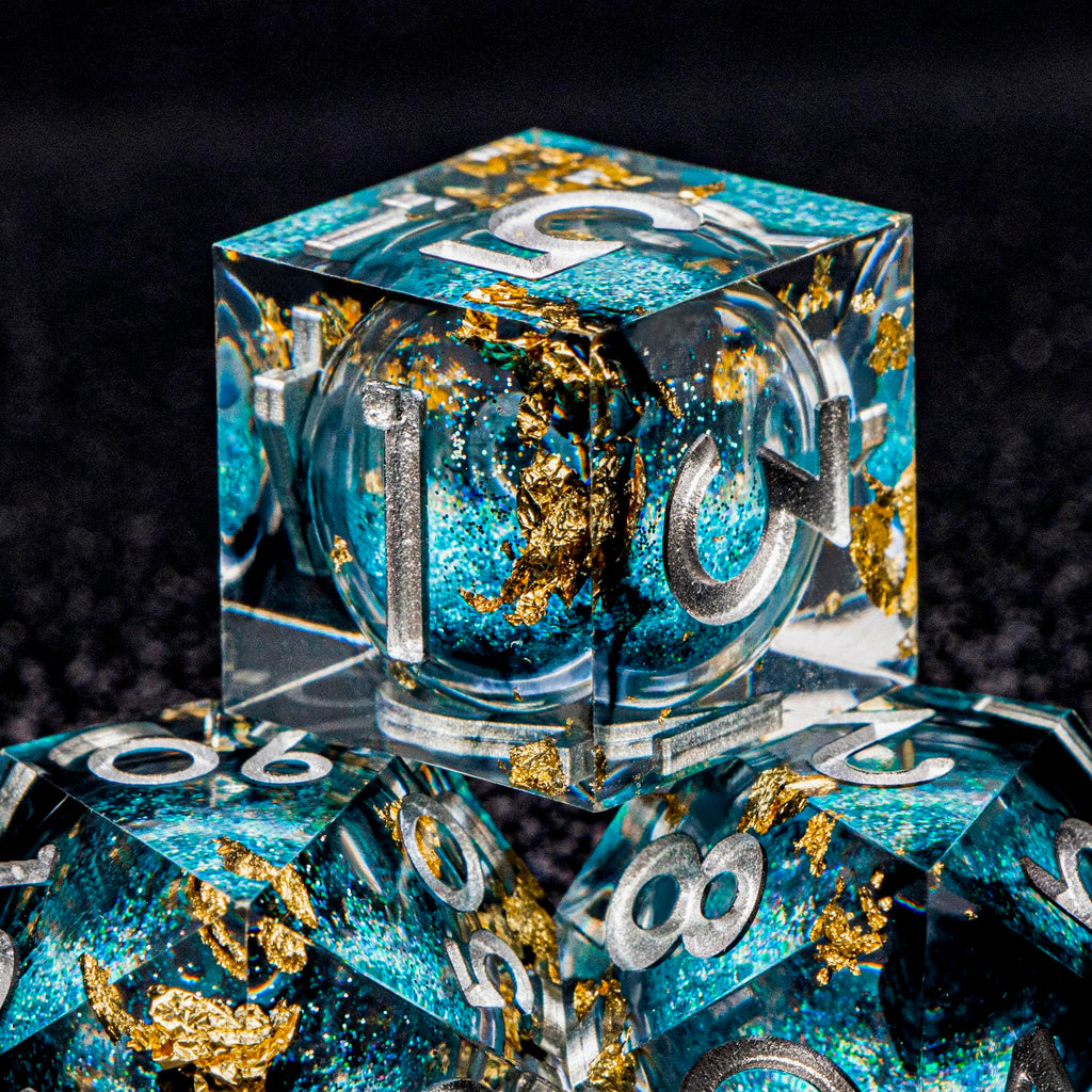 ORIFANTOU DND Dice Blue Liquid Core Dice Set with Metal Box, Handmade Sharp Edge D and D Polyhedral Dice for use with RPG D&D Role Playing Game
