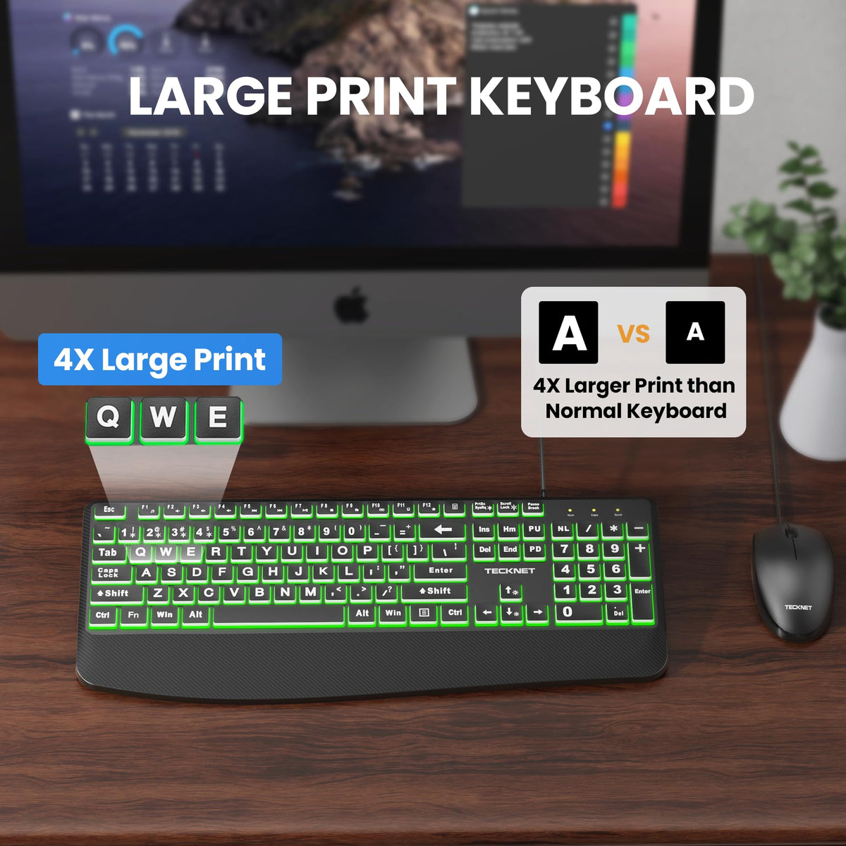 TECKNET Wired Keyboard and Mouse Combo, 7 Color Backlit Large Print Ergonomic Keyboard with Wrist Rest, Soft Typing, USB Plug & Play, Silent Keyboard Mouse Set for PC, Mac, Laptop, Blue