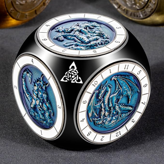 7 in 1 D6 Spinner DND Dice Set D&D, Metal Cube D and D Dice with Gift Box, Dungeons Dragons Role Playing Dice, Black Blue