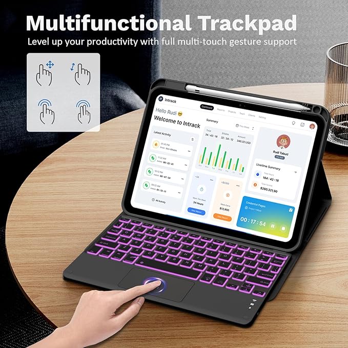 MoKo Touch Keyboard Case for iPad (A16) 11th Generation 11 inch 2025,iPad 10th Generation 10.9 inch Case with Pencil Holder,7 Colors Backlit Multi-TrackPad Detachable Bluetooth Keyboard,Notebook Black